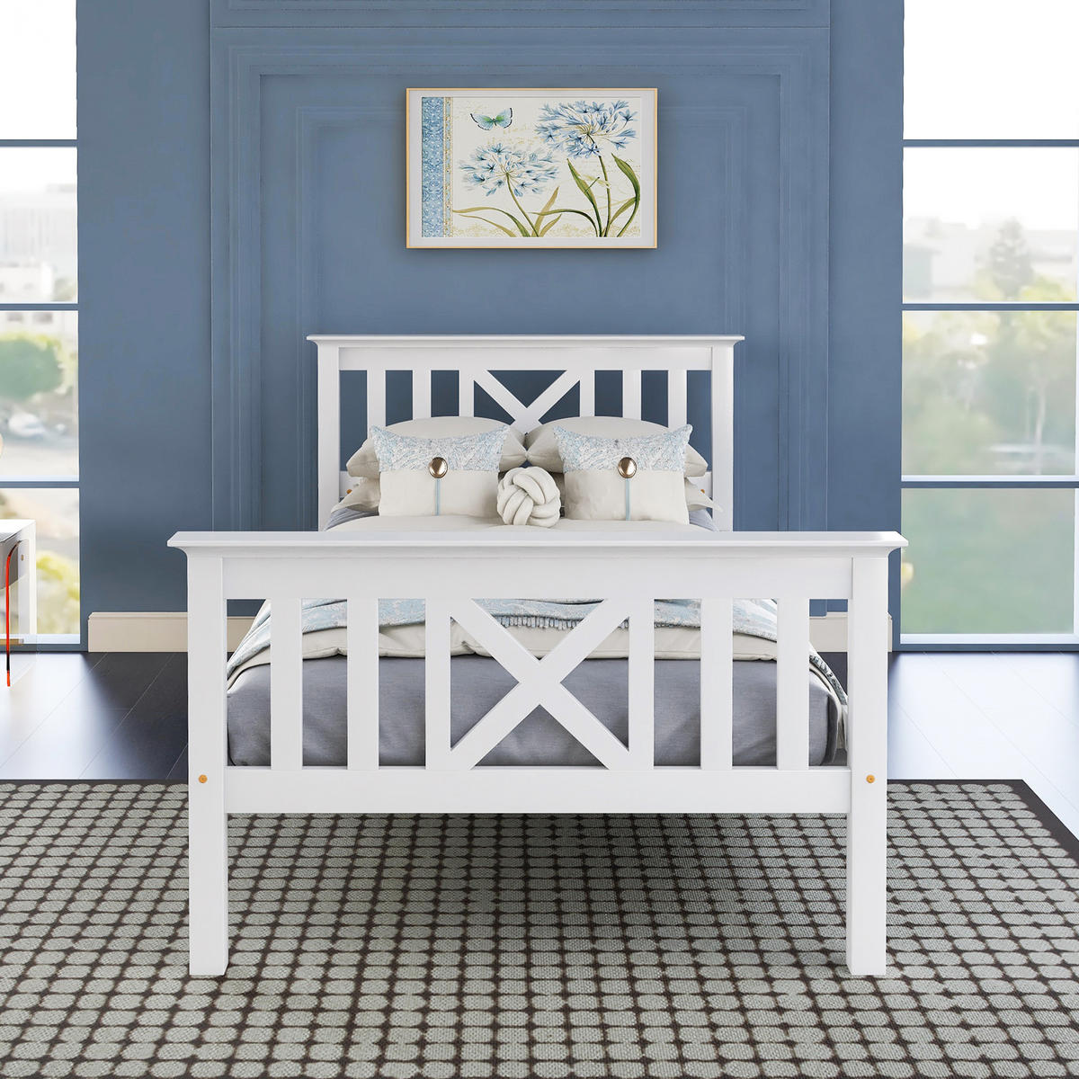 HOLZBETT 90/200 cm aus Massivholz mit X-förmigem Kopfteil und Stauraum - Weiß, Holz (90/200cm) - OKWISH