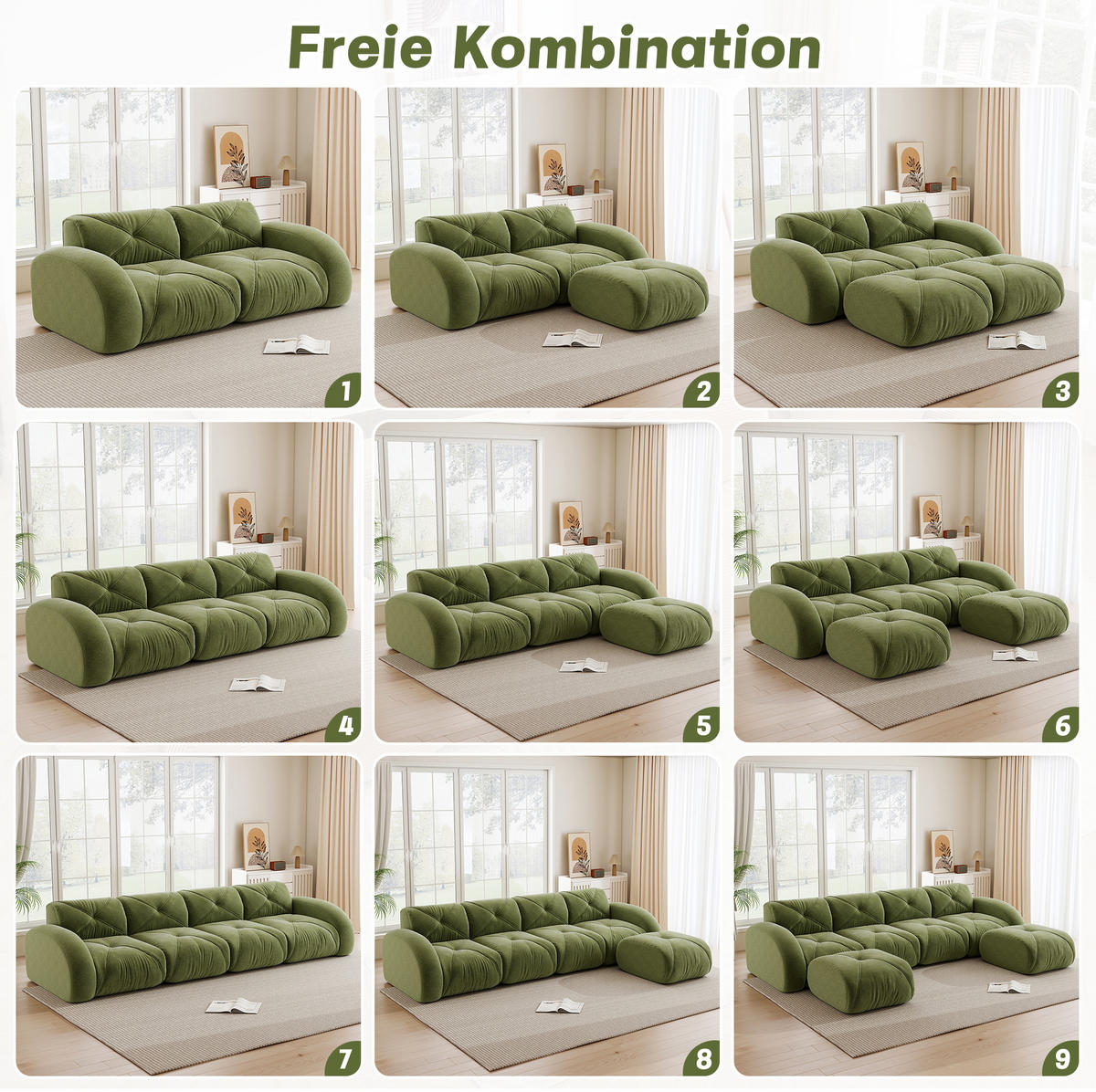 ECKSOFA 358/171/76 cm modular grün aus Chenille mit flexiblem System und 32D-Schaumstoff - Grün, Textil (171/358cm) - OKWISH
