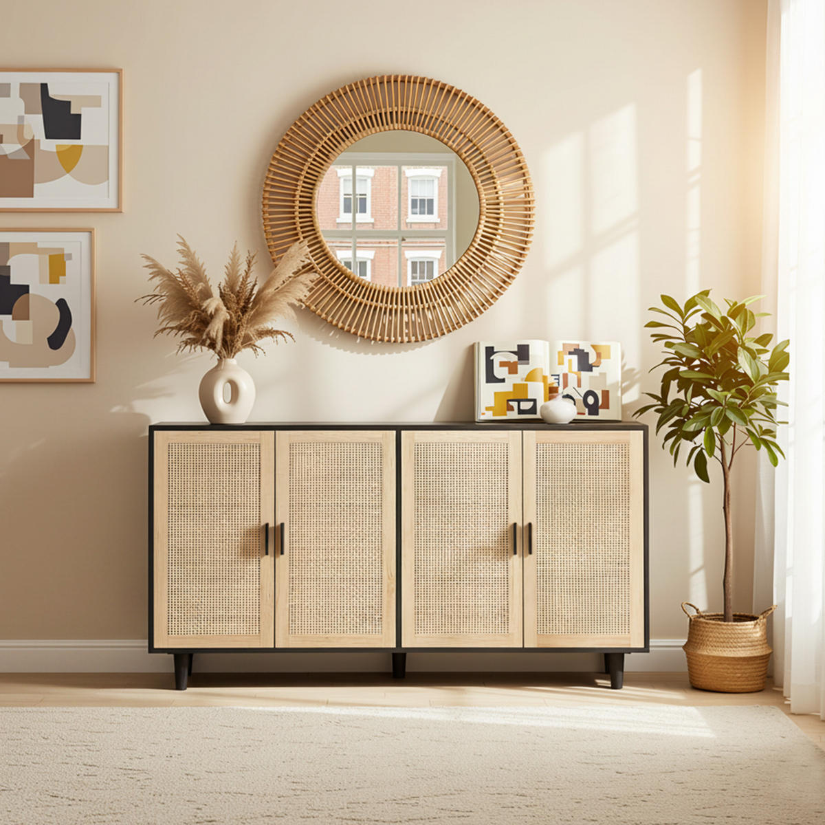 KOMODA dřevěný materiál v černé barvě s ratanovými čely, 4 dvířka - černá, kompozitní dřevo (158/88/40cm) - Urban Meuble