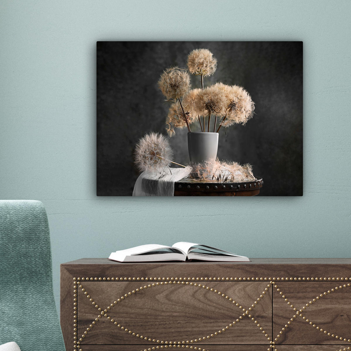LEINWANDBILD Blumensamen - Löwenzahn - Vase - Stilleben - Blumenstrauß Wandbild 40x30 cm - Dunkelgrau, Textil (40/30cm) - MuchoWow
