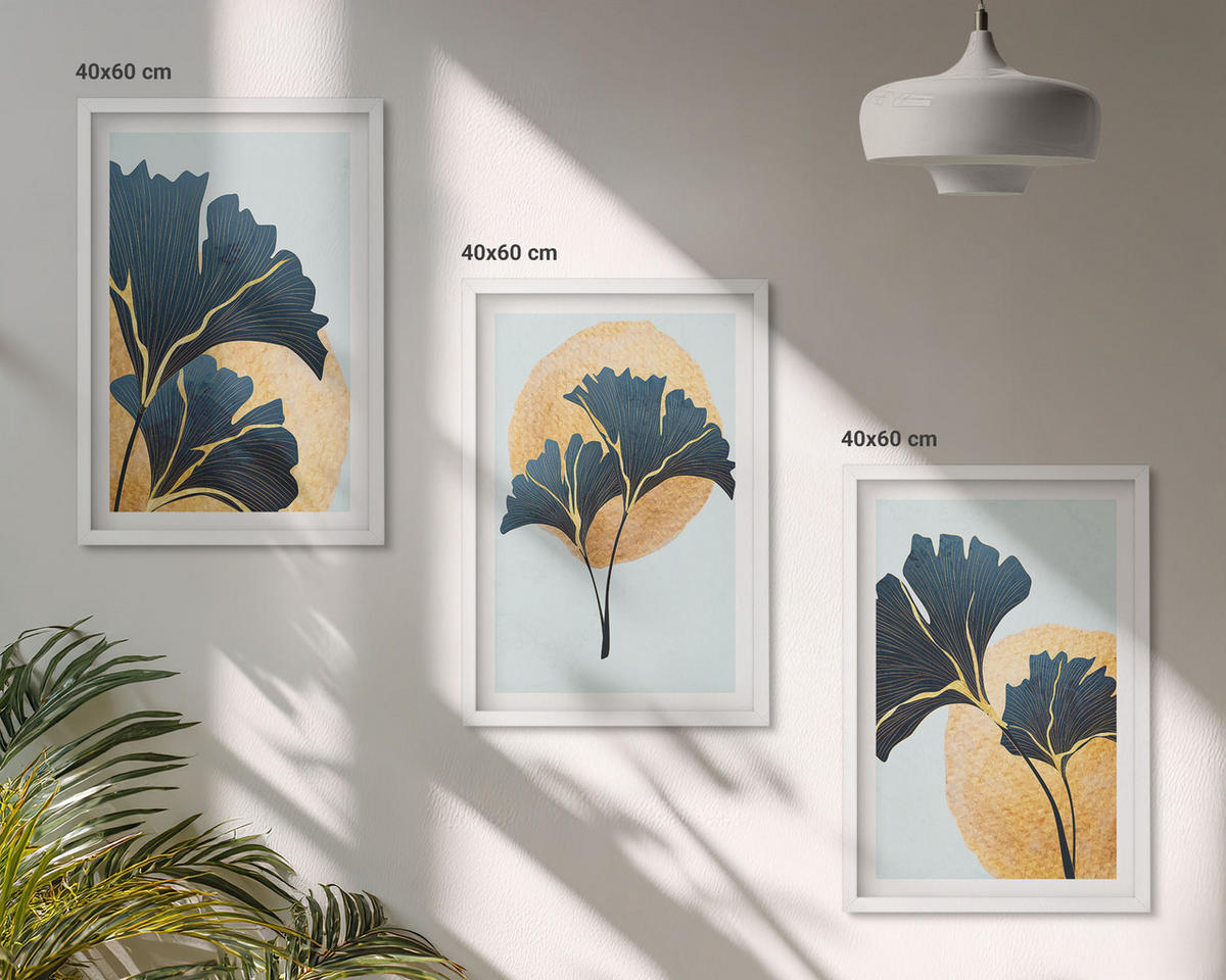 BILDER SET 3er Set - 40x60 cm Weißer Rahmen - Ginkgoblätter, heller Hintergrund - Weiß, Kunststoff (40/60cm) - TULUP