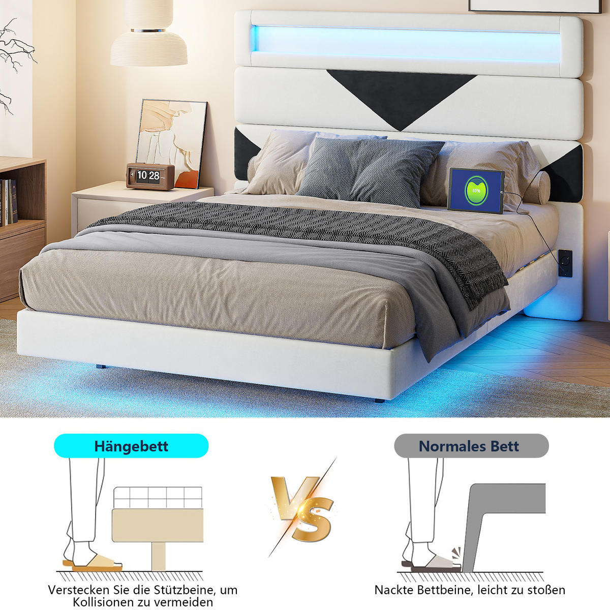 ČALÚNENÁ posteľ 160x200cm zamatová s USB - biela, drevo - SHOPENTRA