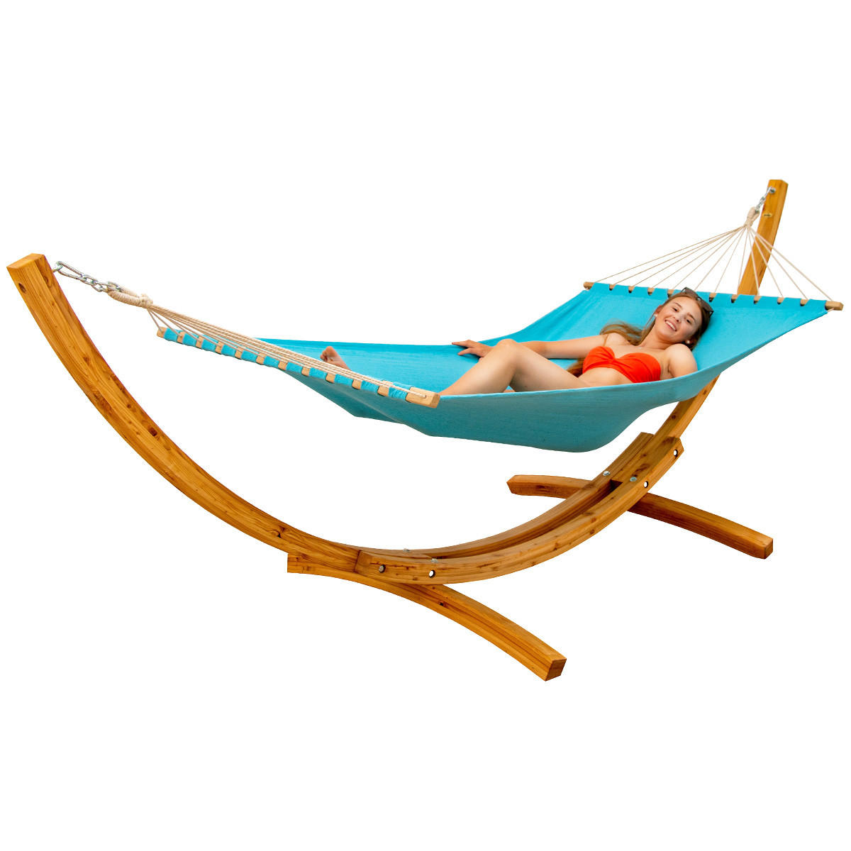 XXL-HÄNGEMATTE mit Holzgestell bis 150kg, 325/120cm, Blau - Blau, Holz (120/2.5/325cm) - Amanka