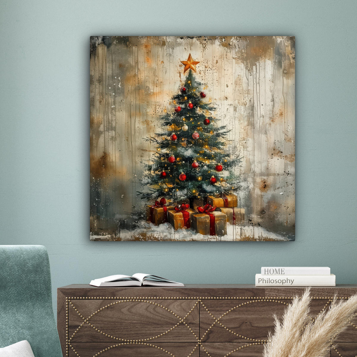 LEINWANDBILD Weihnachtsbaum - Vintage - Weihnachten - Geschenk 90x90 cm - Rostfarben, Textil (90/90cm) - MuchoWow
