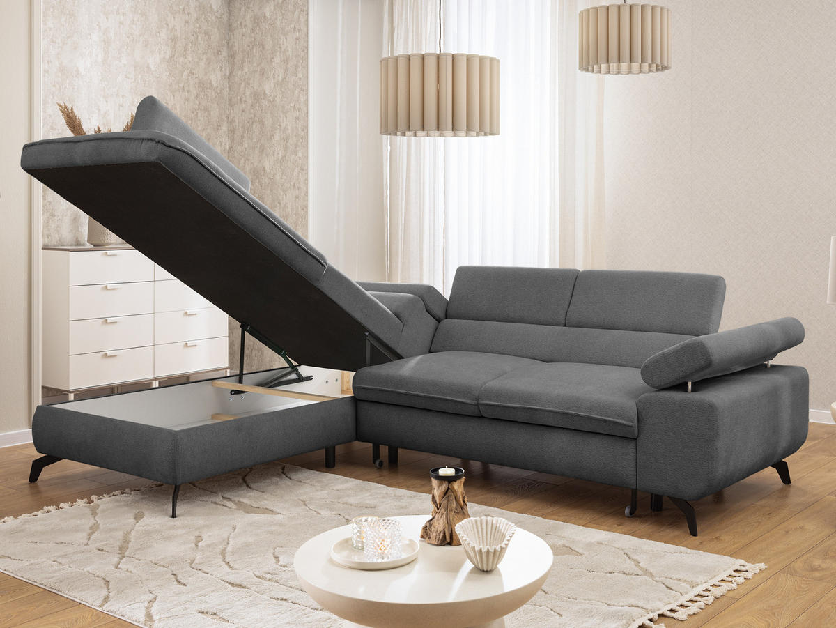 ECKSOFA mit Schlaffunktion und Bettkasten Bonnie aus Grau Chenille-Stoff mit verstellbaren Kopfstützen und Armlehne - Ottomane links - Schwarz/Grau, Holz/Textil (275/210cm) - S-Style Möbel