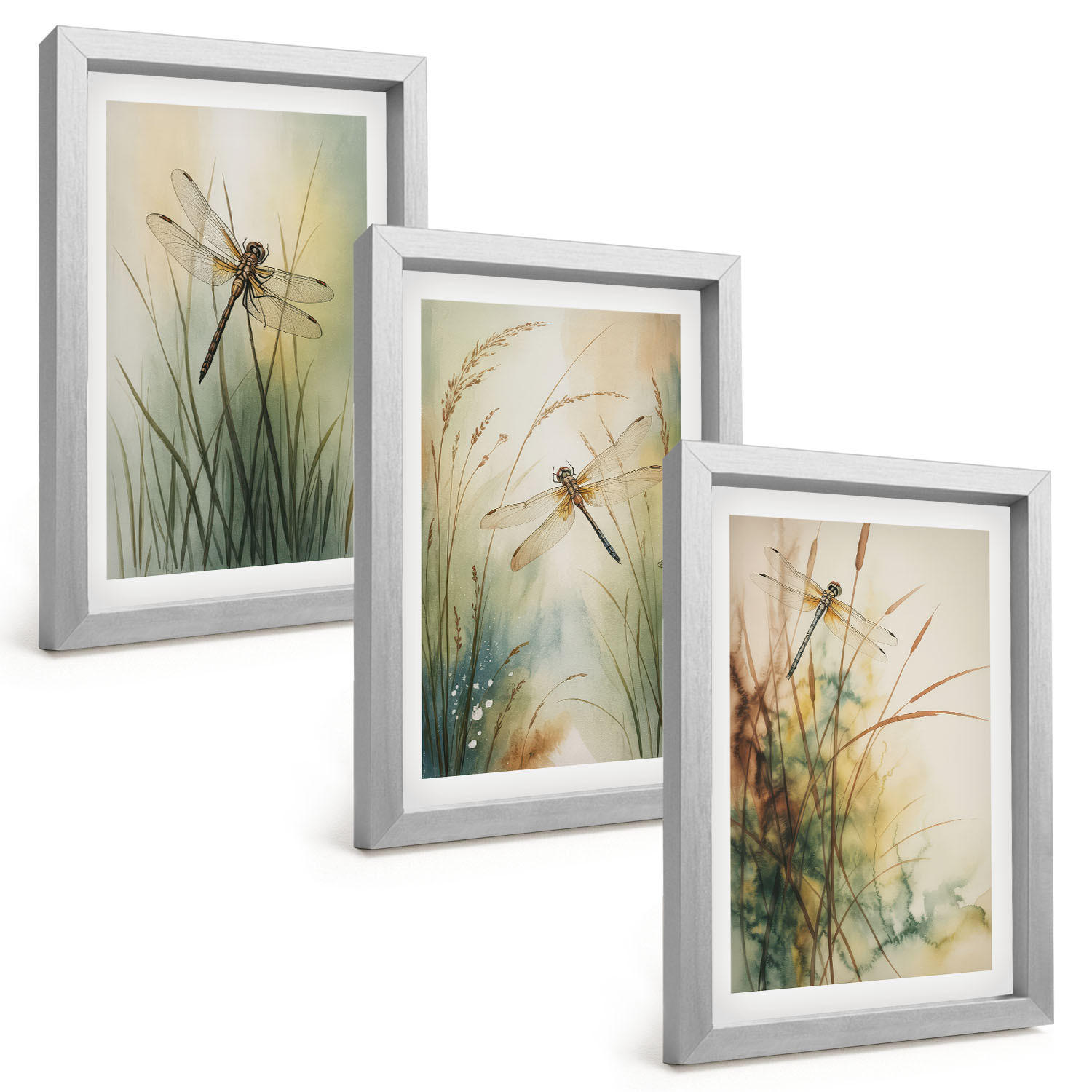 BILDER SET 3er Set - 20x30 cm Silberner Rahmen - Libellengräser über dem Wasser - Silberfarben, Kunststoff (20/30cm) - TULUP