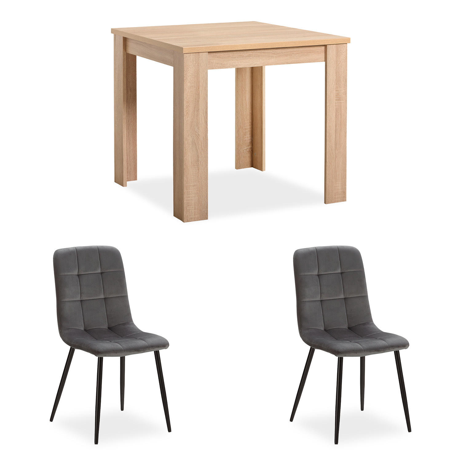 TISCHGRUPPE 80/80 cm Natur mit 2 Stühle in Samt Grau - Naturfarben/Grau, Holz/Textil (80/88/80cm) - Homestyle4u