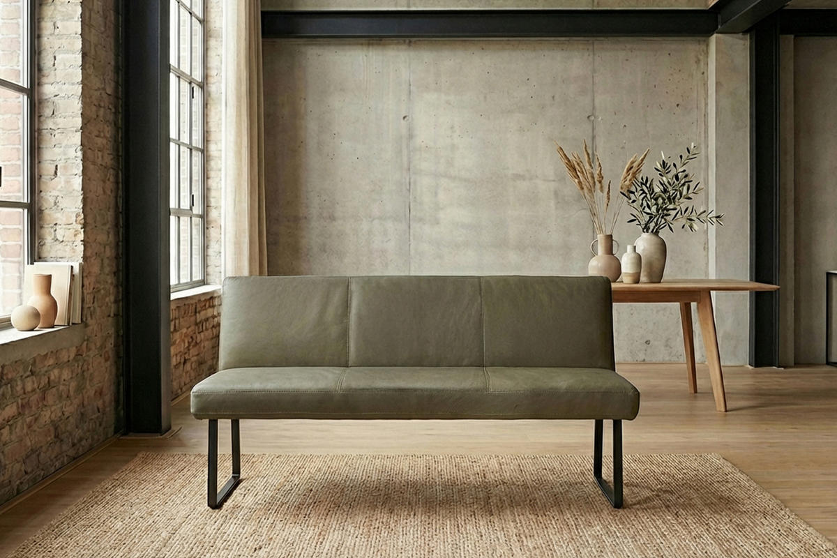 ESSZIMMERBANK ELEEN Grün Leder - Olivgrün/Grün, Leder (163/85/69cm) - KAWOLA