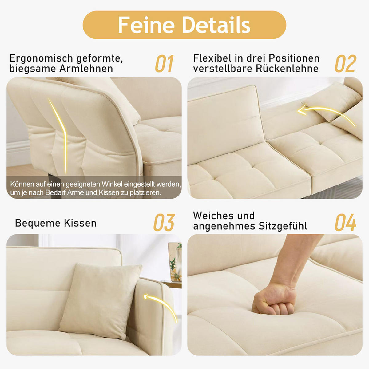 SOFA 2in1 Verstellbar Schlaffunktion Samtbezug Klappbare Armlehnen Kleinraum - Beige, Holz (92.08/19.05/80.01cm) - FLIEKS