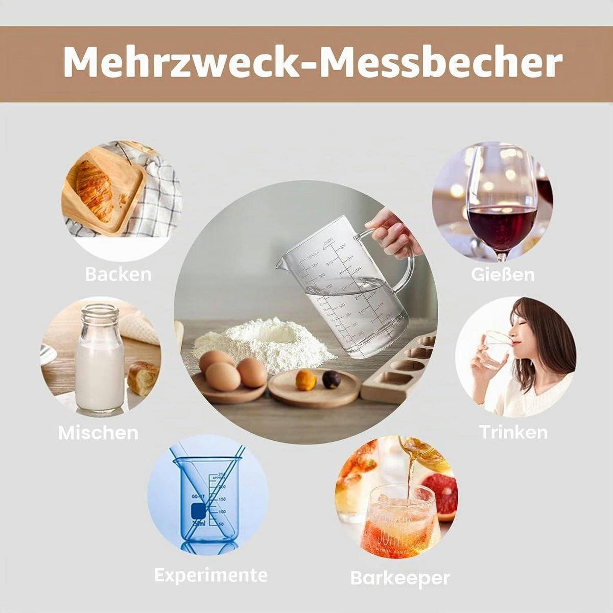 MESSBECHER Glas 500 ml mit drei Skalen und Auslauf - Transparent, Glas (0.5L)