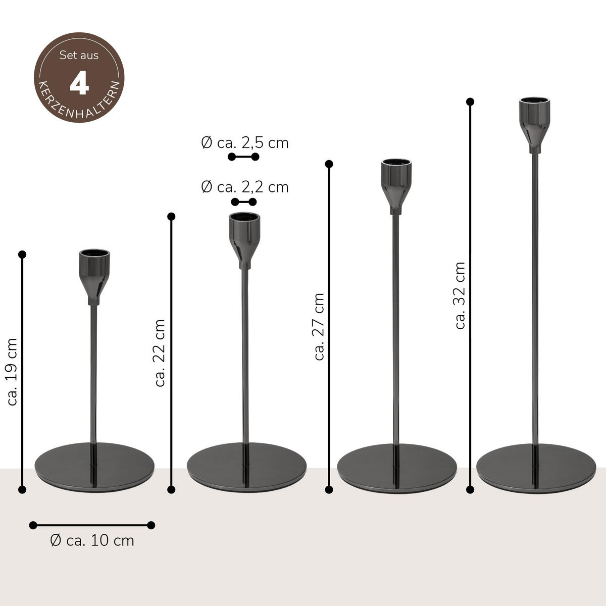 KERZENHALTER 4er-Set, schwarz - Schwarz, Metall (10/32/10cm) - bremermann