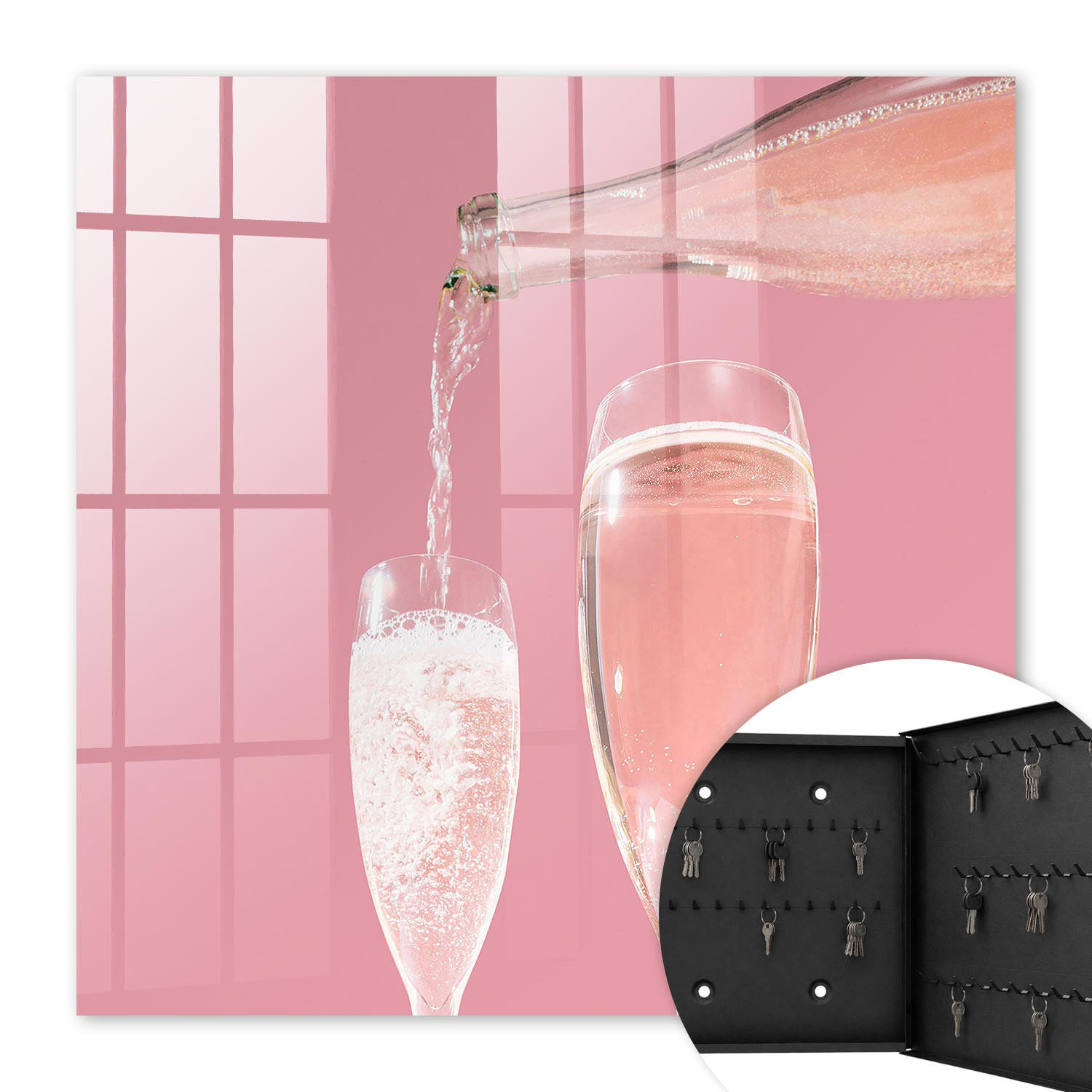 SCHLÜSSELBOX Schwarz 30x30 cm- Türöffnung nach rechts - Champagnergläser - Pink, Metall (30/30/5cm) - TULUP