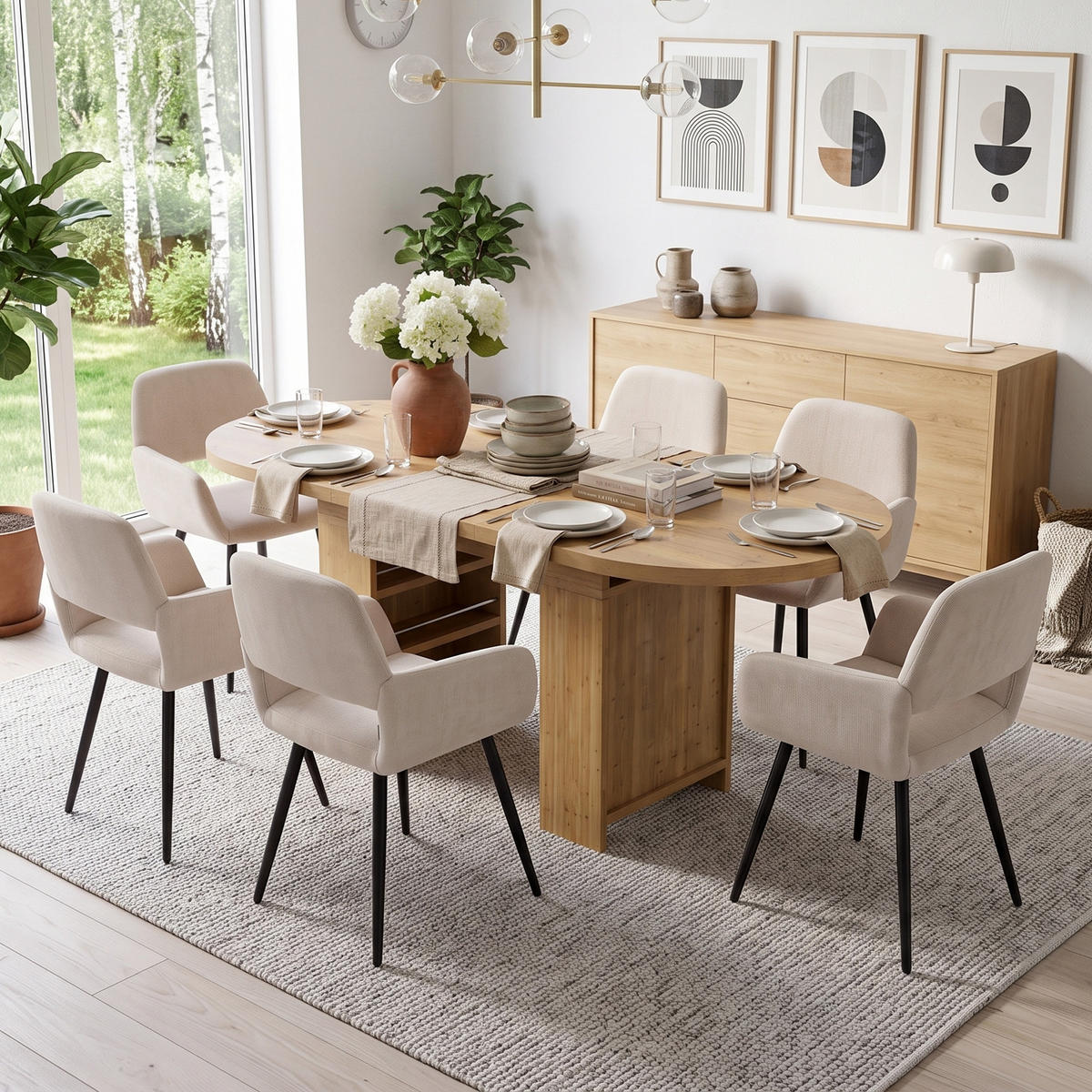 ESSGRUPPE 1+6 Ausziehbarer Tisch Eiche 150-200cm & 6 Armlehnstühle Beige - Eichefarben, Holzwerkstoff (200/76/90cm) - Urban Meuble