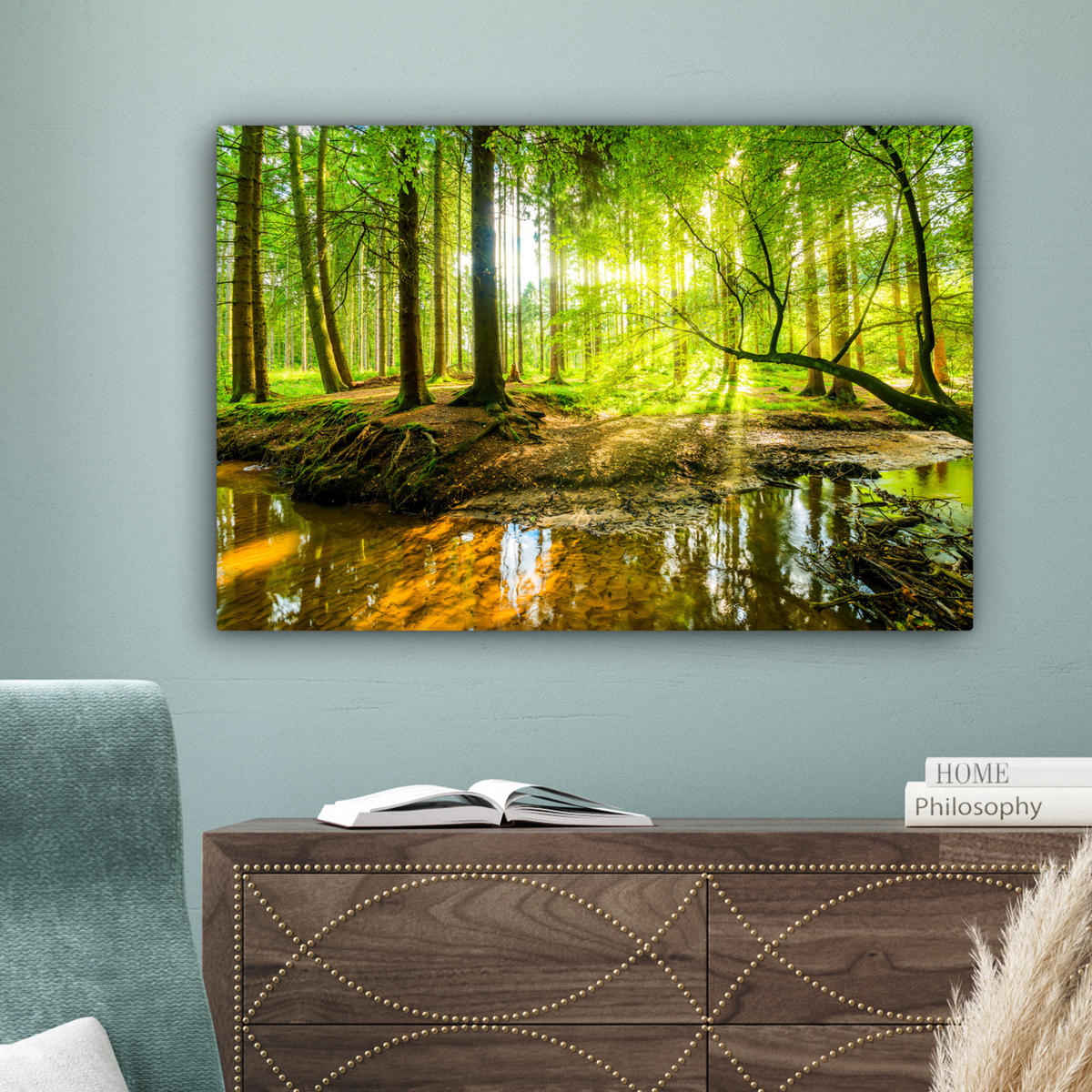 LEINWANDBILD Wald - Landschaft - Wasser - Bäume - Sonne - Grün - Natur Gemälde 60x40 cm - Grün, Textil (60/40cm) - MuchoWow