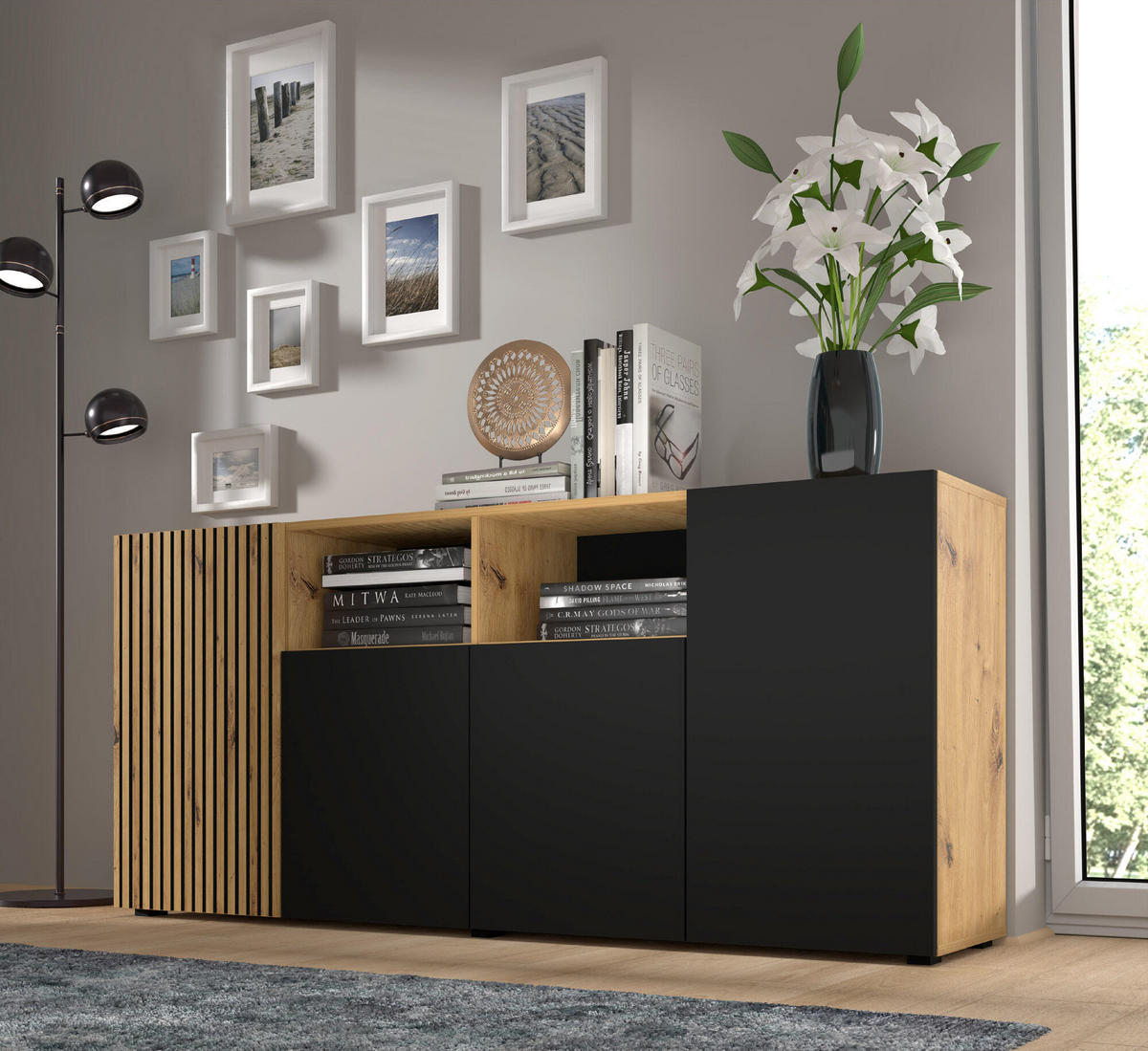 SIDEBOARD AURIS Beige, Schwarz 180x42x82 cm - Beige/Schwarz, Holzwerkstoff (180/82/42cm) - FURNLUX