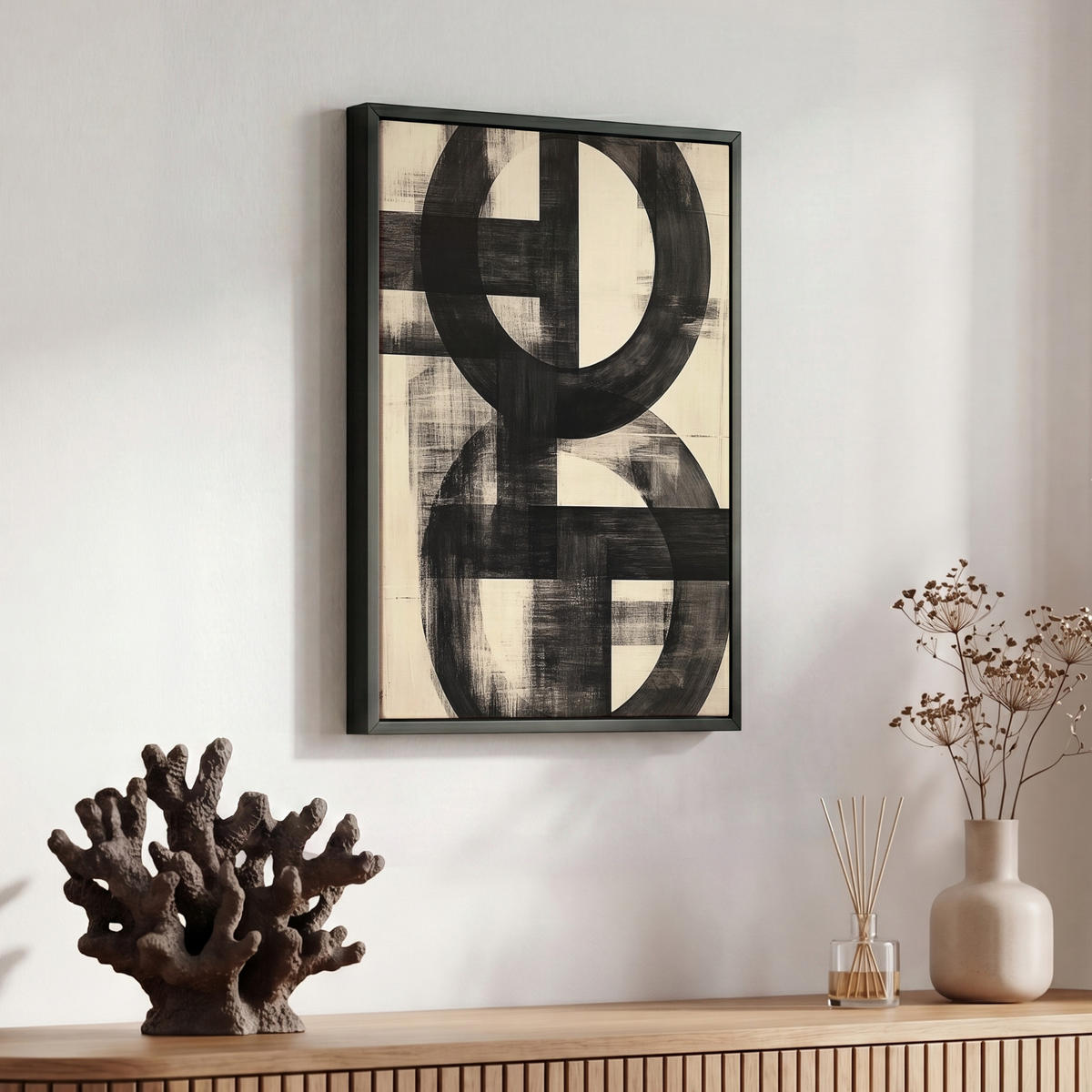 LEINWAND Bilder mit Rahmen - Kreise - Balken - Schwarz - Abstrakt - 30x40 - Schwarz, Textil (30/40cm) - MuchoWow