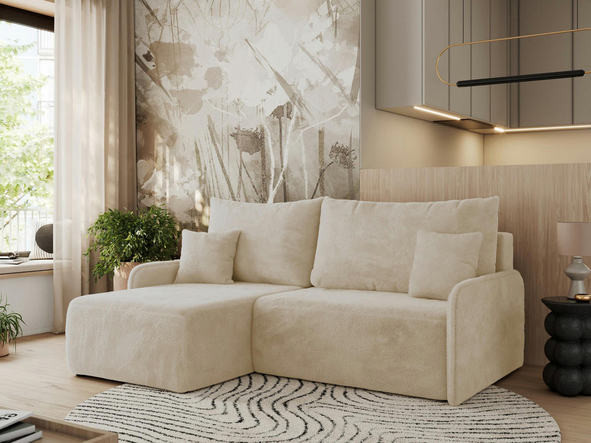ECKSCHLAFSOFA ARPA L Creme Plüsch - links - Creme/Schwarz, Kunststoff/Textil (198/150cm) - MKS