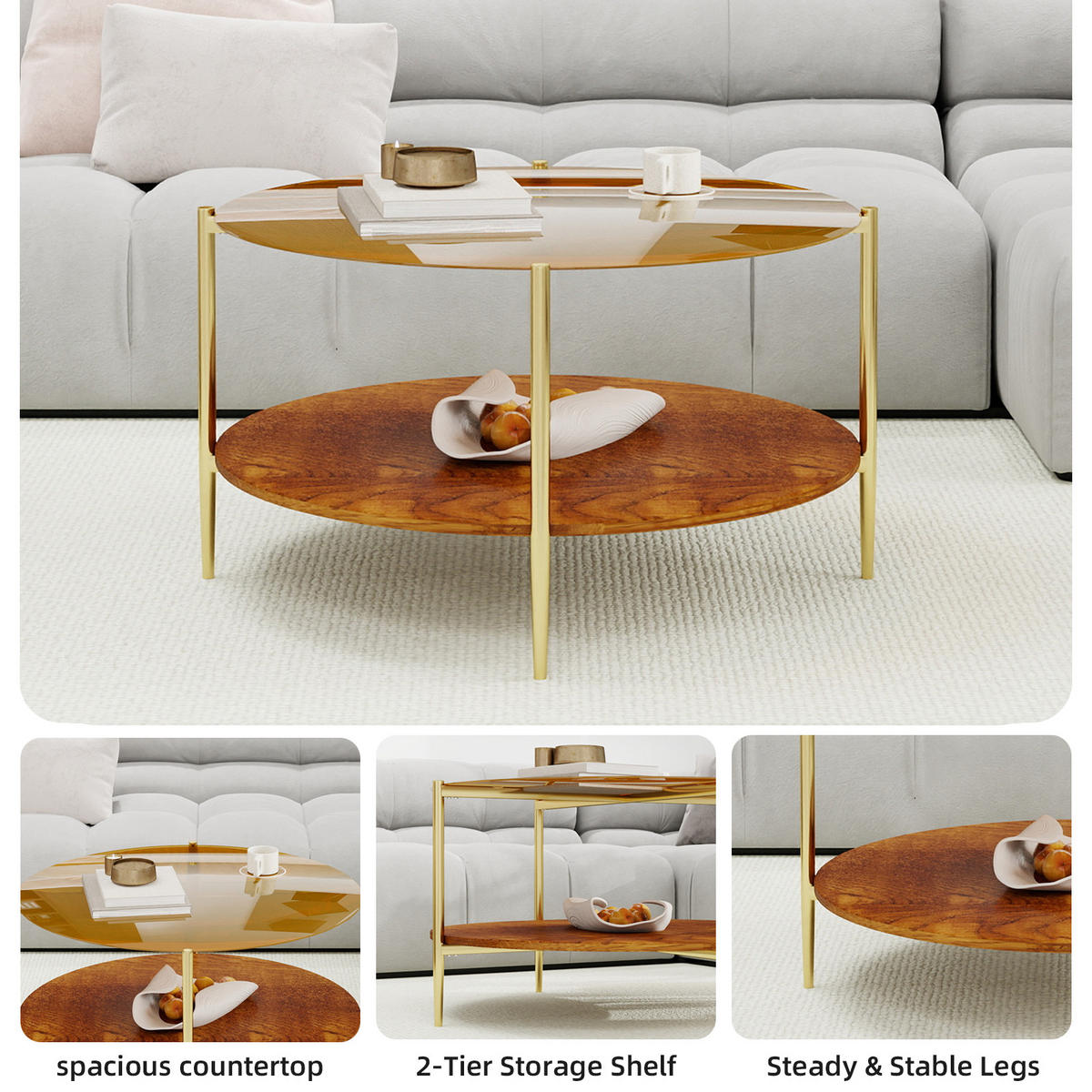 COUCHTISCH DE-37287 rund mit Goldglasplatte und zweistufigem Design Gold - Goldfarben, Metall (82/82/45cm) - ComfortXL