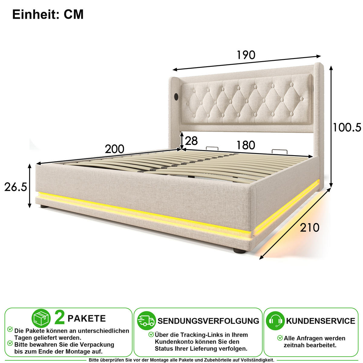 POLSTERBETT 180/200 cm in Beige mit Bettkasten, LED und USB/Type-C Baumwollstoff - Beige, Holzwerkstoff/Textil (180/200cm) - CHICFURN