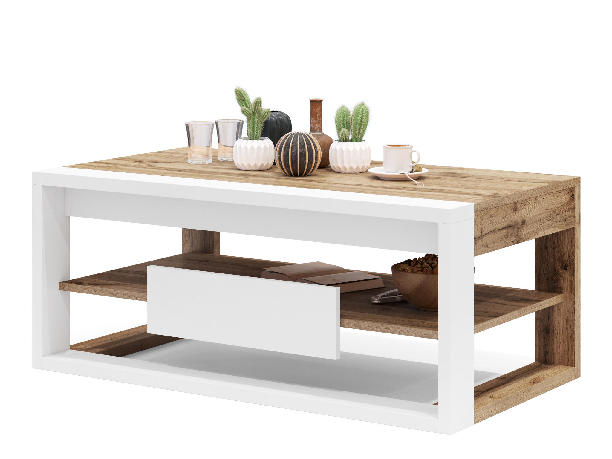 COUCHTISCH rechteckig Eiche Wotan Weiß aufklappbar - Eiche Wotan/Weiß, Holzwerkstoff (60/110/45cm) - designimpex