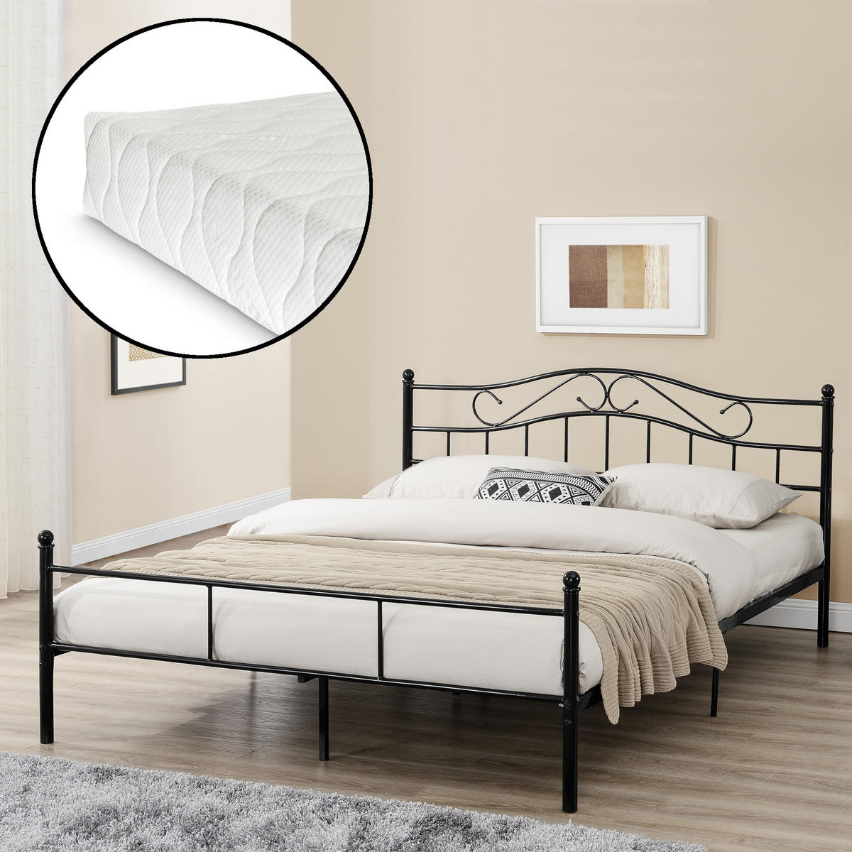 METALLBETT Florenz mit Matratze - Schwarz, Textil/Metall (160/200cm) - [en.casa]