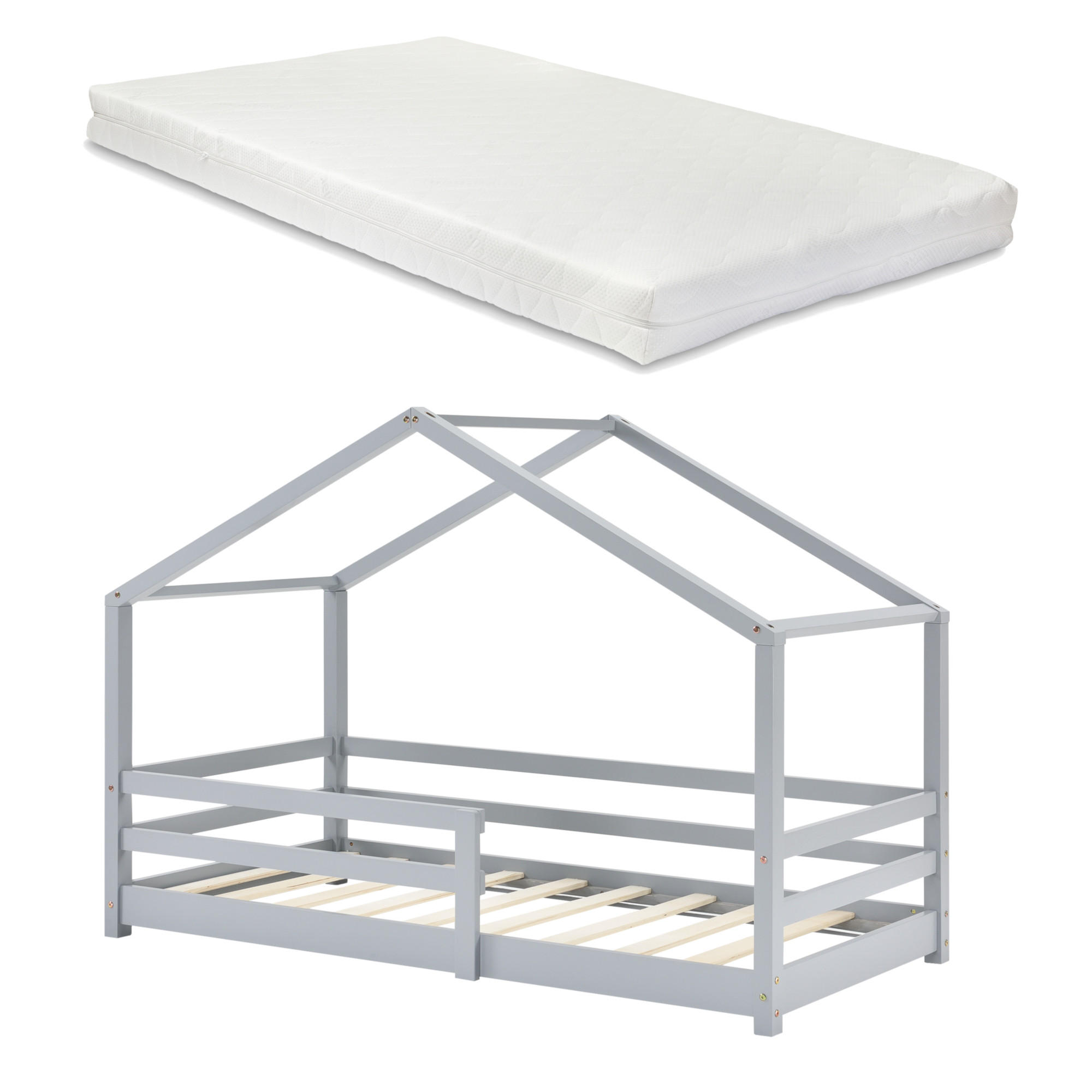 HAUSBETT Knätten mit Matratze - Hellgrau, Holz/Textil (90/200cm) - [en.casa]