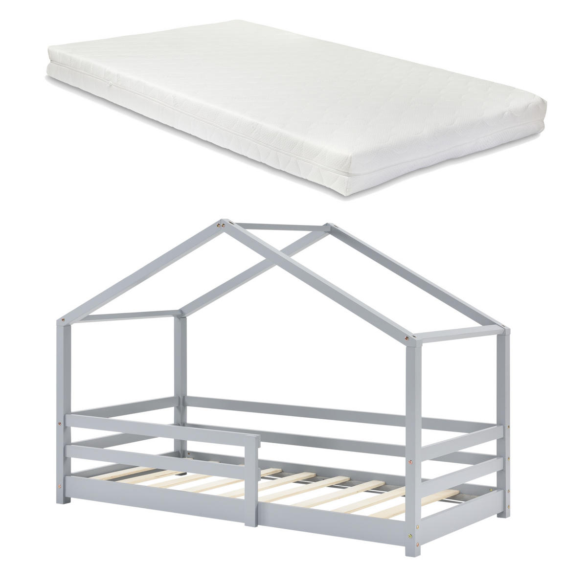 HAUSBETT Knätten mit Matratze - Hellgrau, Holz/Textil (90/200cm) - [en.casa]