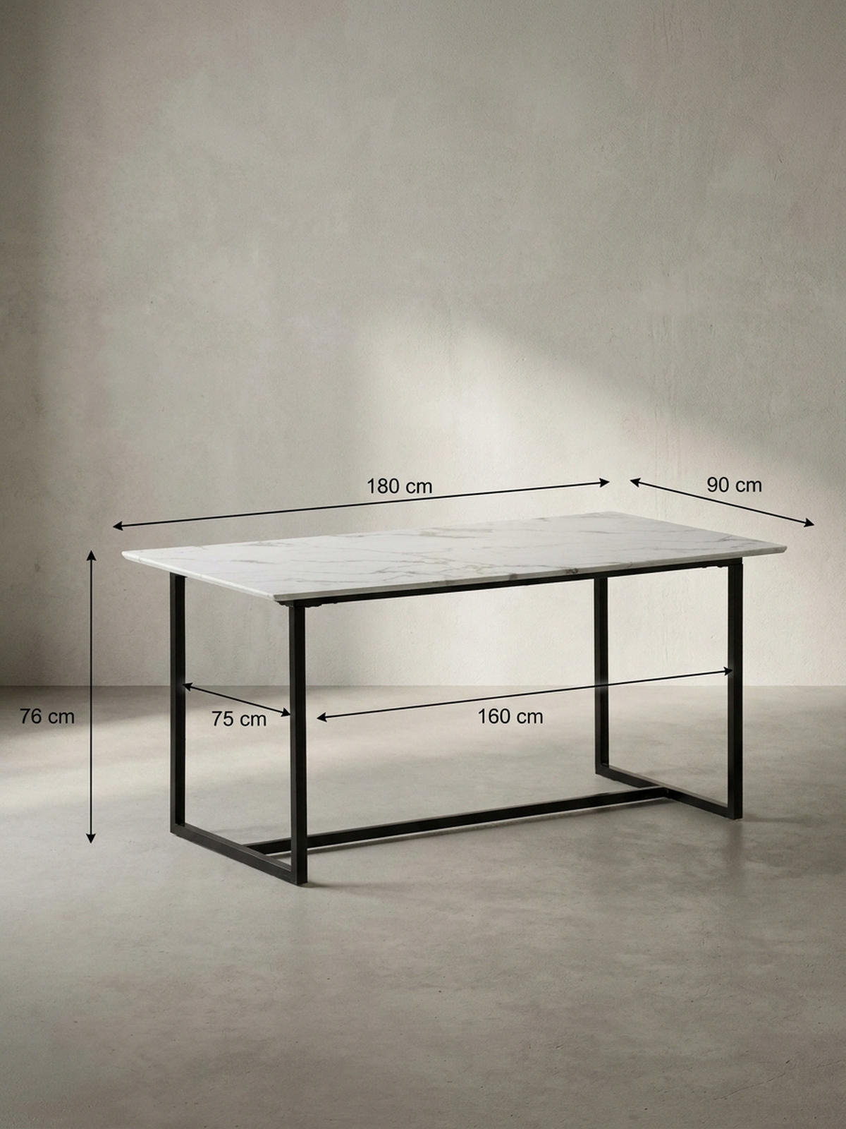 ESSTISCH Marmoroptik Metall Rechteckig Modern Klein, Weiß 180x90x76 cm - Schwarz/Weiß, Holzwerkstoff/Metall (90/180/76cm) - KADIMA DESIGN