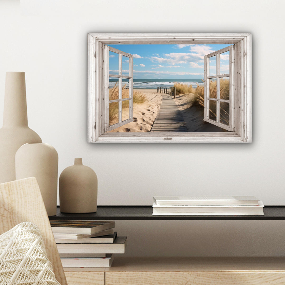 LEINWANDBILD Fenster - Meer - Küste - Natur - Ausblick - Strand - Wattenmeer Deko Schlafzimmer 30x20 cm - Beige, Textil (30/20cm) - MuchoWow