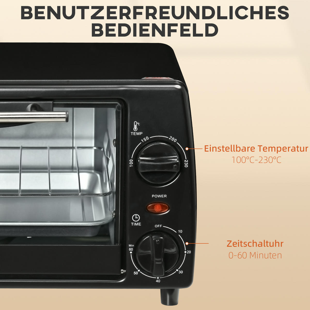 MINIBACKOFEN Metall Gehärtetes Glas Schwarz - Schwarz, Metall (36.5/26/22cm) - HOMCOM
