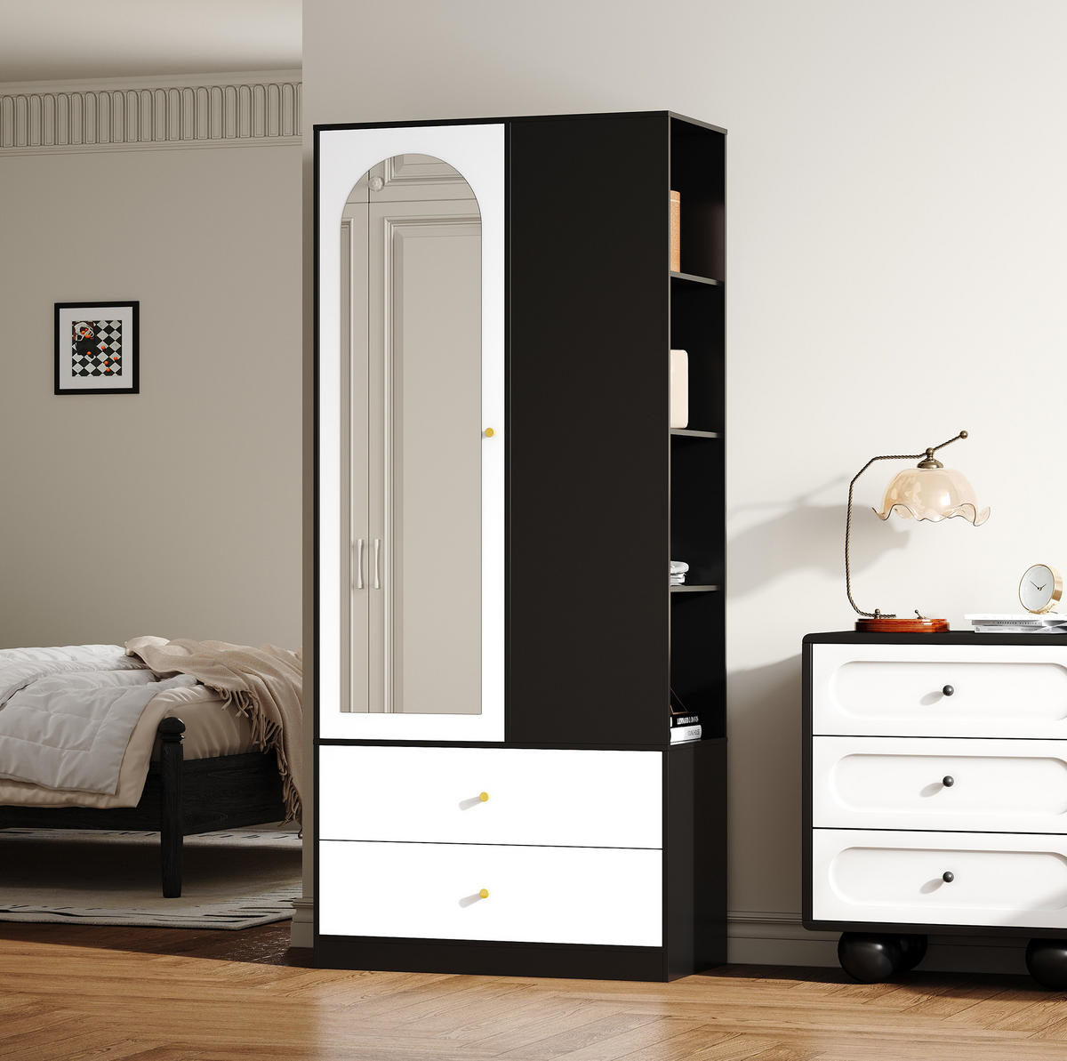 KLEIDERSCHRANK mit Spiegeltür, Kleiderstange & 2 Schubladen, 80/40/180 cm, Weiß/Schwarz - Weiß, Holzwerkstoff (80/180/40cm) - Redom