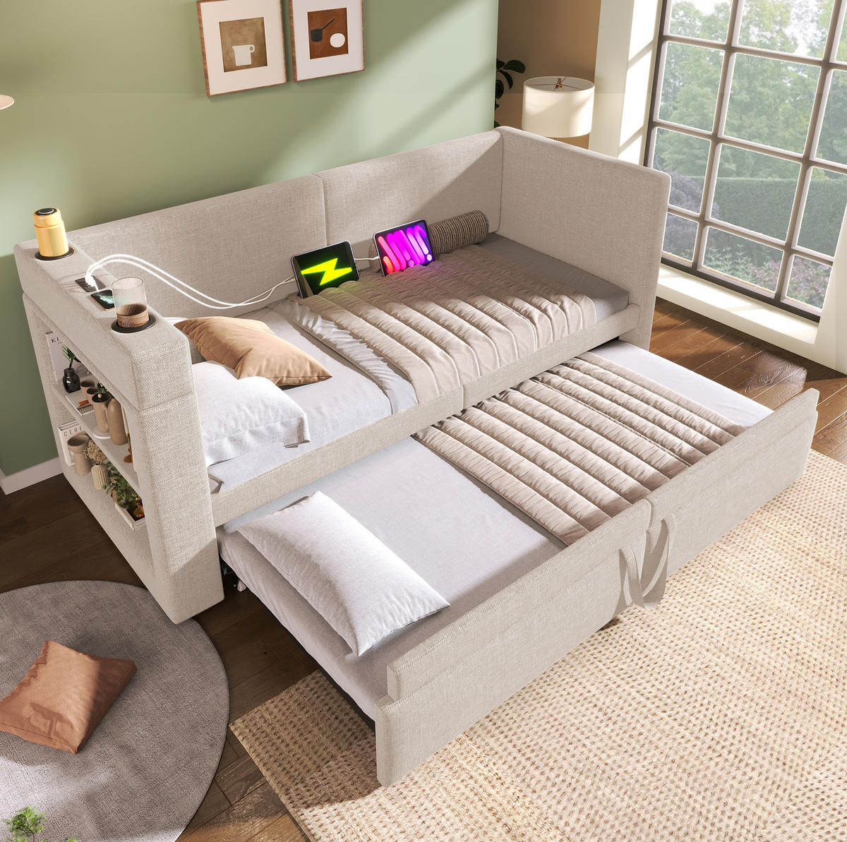 POLSTERBETT 90/200 cm mit Ausziehbett, USB- und Type-C-Anschluss, Getränkehaltern und Baumwoll-Leinen-Bezug, Beige - Grau, Textil (90/200cm) - Redom