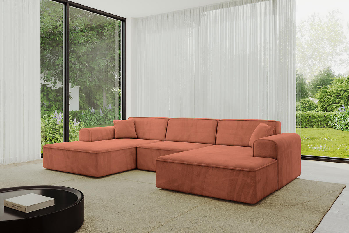 WOHNLANDSCHAFT IREA-U1-v3 - 297x165x76 cm Apricot - Koralle, Holzwerkstoff/Textil (297/76/165cm) - ALTDECOR