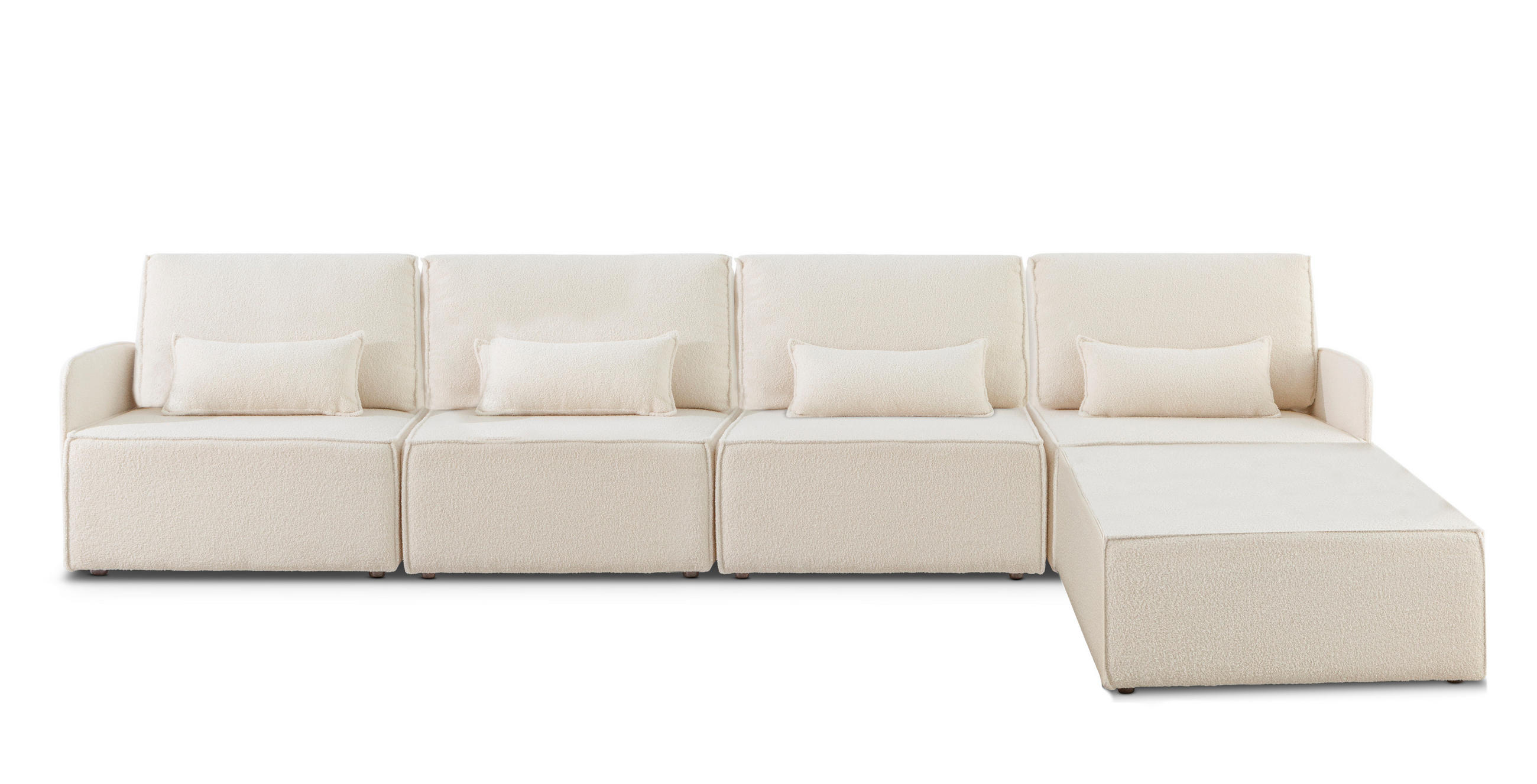 4-SITZER-SOFA Chaiselongue bezogen Bouclé und Kiefernholz Schneeweiß LEA - Weiß, Textil (368/87/90cm) - RNT By Really Nice Things