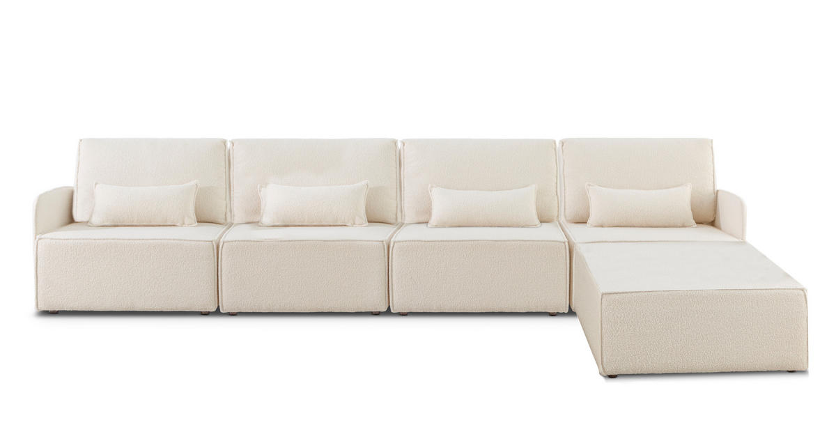 4-SITZER-SOFA Chaiselongue bezogen Bouclé und Kiefernholz Schneeweiß LEA - Weiß, Textil (368/87/90cm) - RNT By Really Nice Things