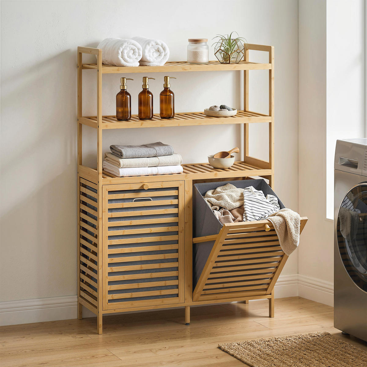 WÄSCHESCHRANK Bambus Vliesstoff Eiche - Eichefarben/Goldfarben, Naturmaterialien/Holz (30/118/80cm) - HOMCOM