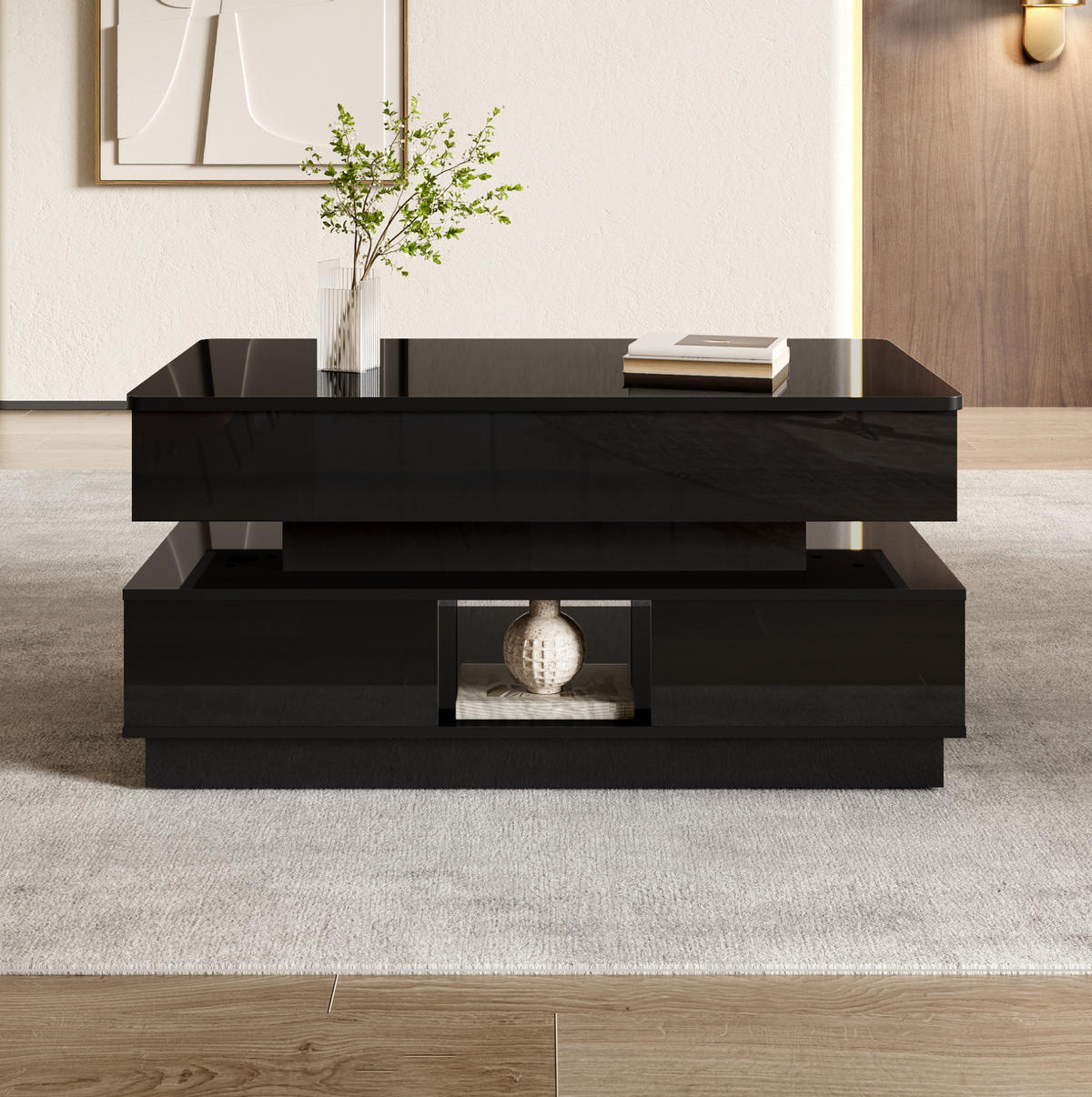 COUCHTISCH 90/48/42,5 cm schwarz aus MDF mit Höhenverstellung, LED und Steckdose - Schwarz, Holzwerkstoff (48/90/42.5cm) - OKWISH