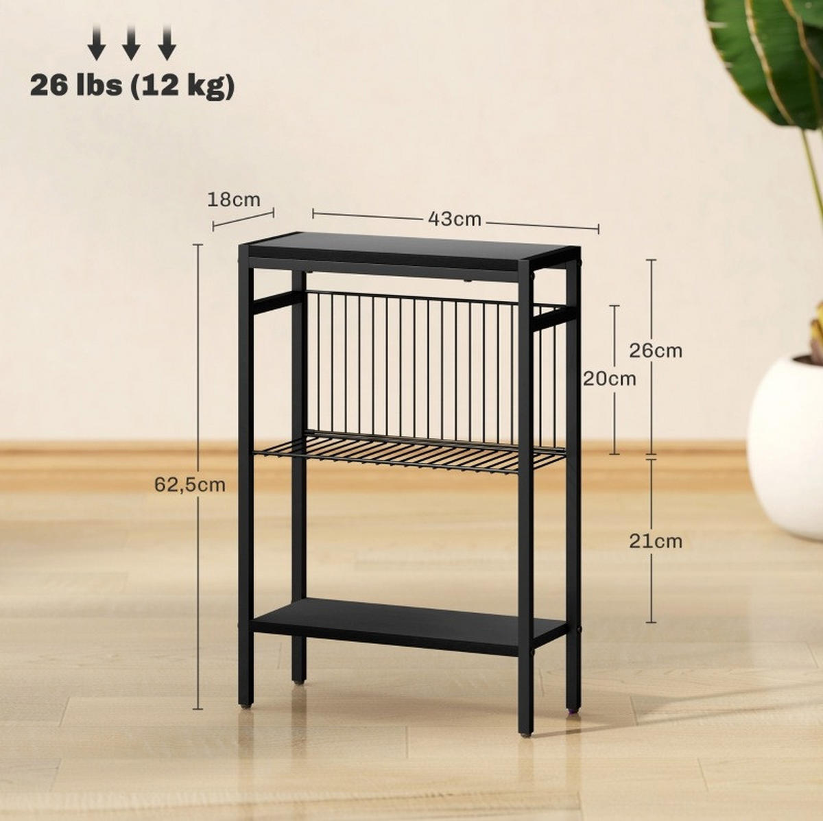 BEISTELLTISCH 43/18/62,5 cm mit 3 Ablagen und verstellbaren Füßen im Industrie-Design, Schwarz - Schwarz, Holzwerkstoff (43/18/62.5cm) - Redom