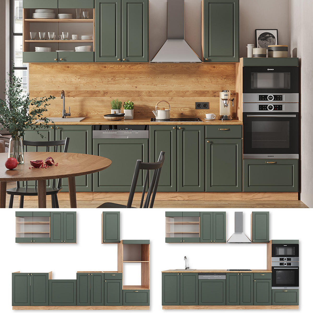 KÜCHENZEILE Fame-Line Grün-Gold Landhaus/Goldkraft Eiche 300 cm AP Marmor - Eiche Wotan/Grün, Holzwerkstoff (300/81.6/60cm) - Vicco