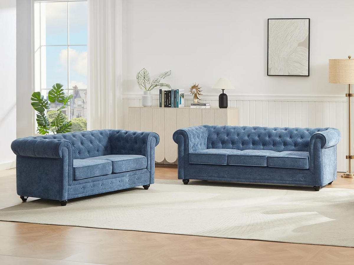 SOFA 3-Sitzer & 2-Sitzer - Stoff - Blau - CHESTERFIELD - Blau, Textil (88/72/205cm) - Vente-Unique