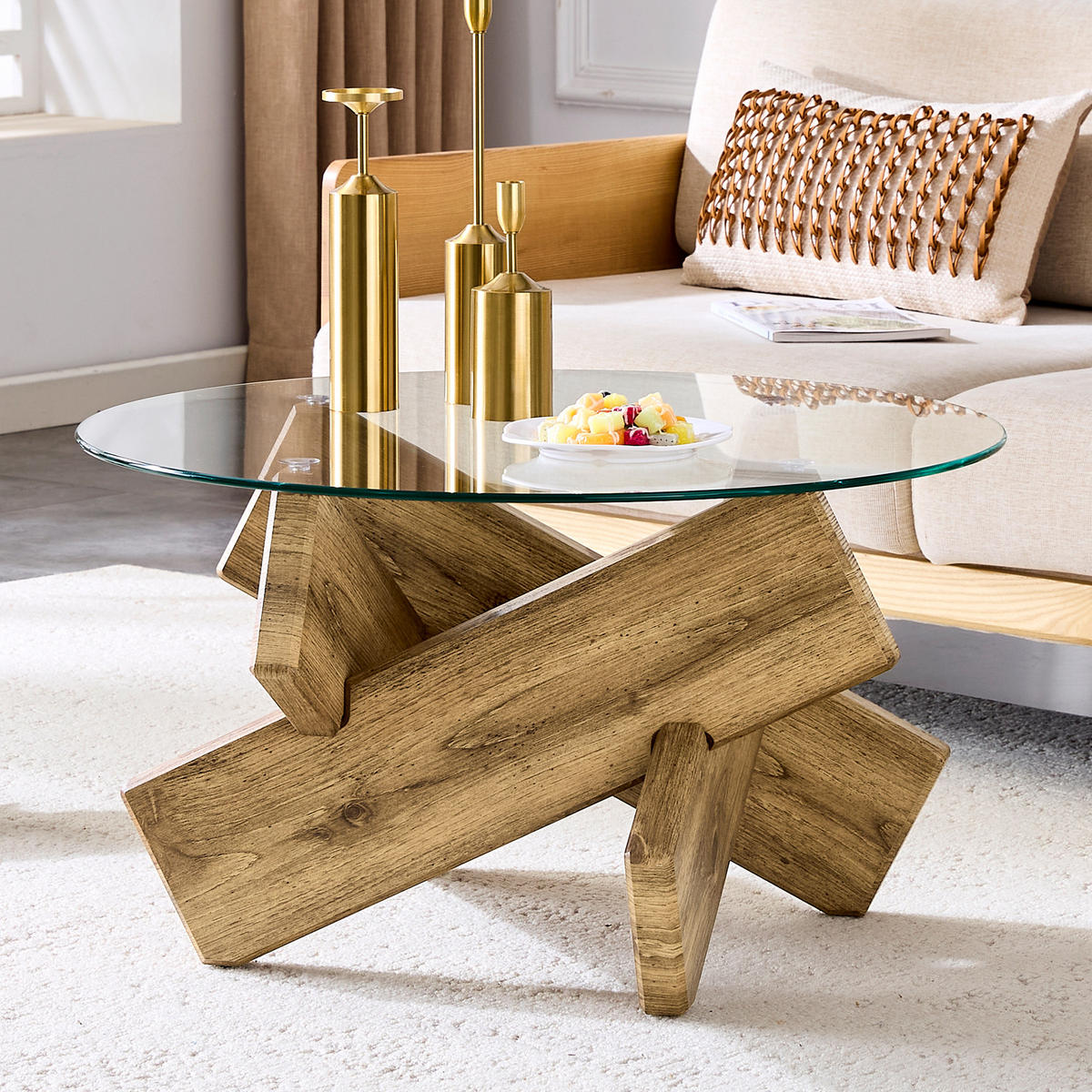 KLUBSKA miza MDF/steklo, premer 79 cm prozorna/barva lesa - prozorna, leseni material (79/79/45cm) - BEAOK