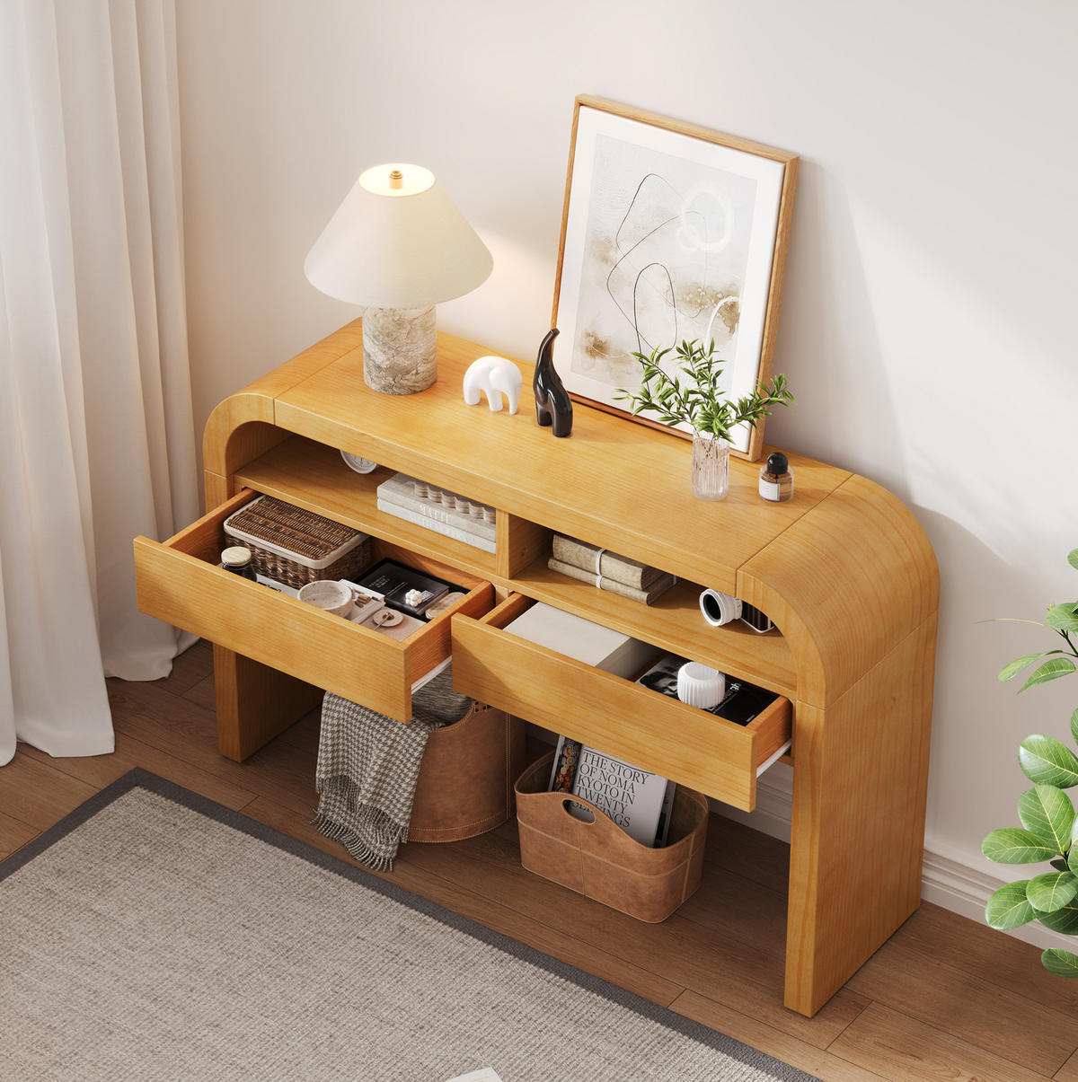 KONSOLENTISCH 120/35,5/76,5 cm natur aus MDF mit 2 Schubladen und verstellbaren Stellfüßen - Naturfarben, Holzwerkstoff (120/35.5/76.5cm) - OKWISH