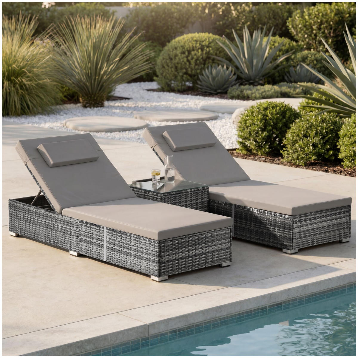 RATTAN-DOPPELLIEGE Carbonera, Belastbarkeit je 200 kg, grau - Grau, Kunststoff (62/36/196cm) - tectake