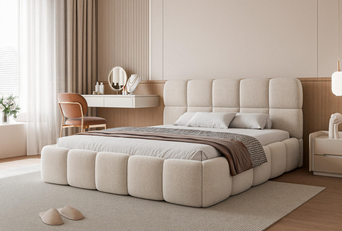 POLSTERBETT CERETTO 180x200 cm Creme Bouclé (Stoff Quelle) - mit Bettkasten und Holzlattenrost - Creme, Holzwerkstoff/Textil (180/200cm) - Ravio