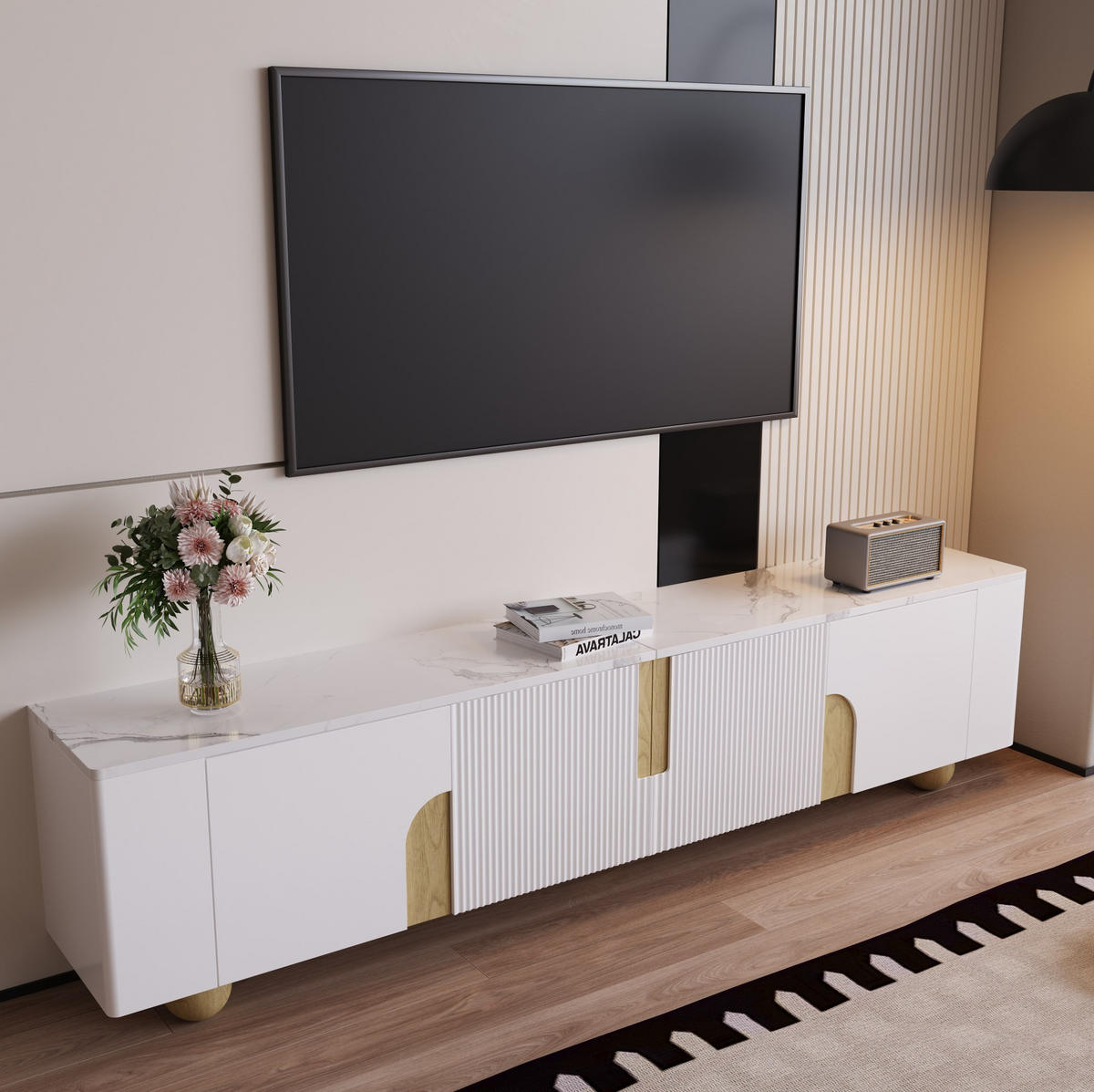 TV-SCHRANK in Weiß und Holzoptik mit 4 Türen und Marmoroptik 180/40/44 cm - Weiß, Holzwerkstoff (180/44/40cm) - Redom