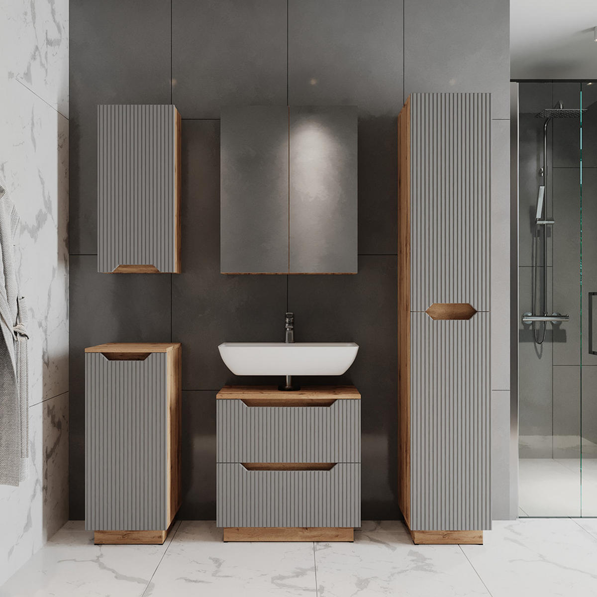 BADMÖBEL-SET Lotta Eiche/grau gestreift 4 Teile - Eichefarben/Grau, Holzwerkstoff (59.8/62.5/32cm) - Vicco