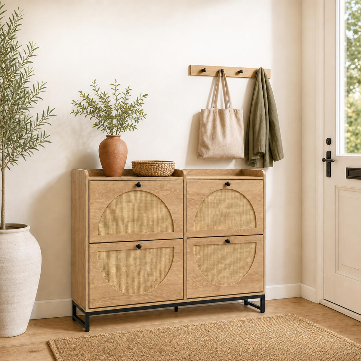 SCHUHSCHRANK Natur Rattanoptik 4-Klappen 90x120x24 cm - Hellbraun, Holzwerkstoff/Metall (120/90/24cm) - Relaxdays