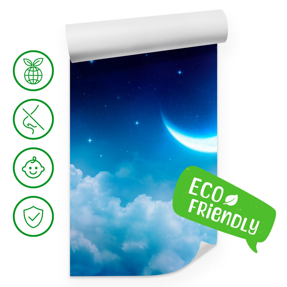 FOTOTAPETE für Schlafzimmer Himmel Wolken Mond Sterne 300x210 - Blau/Dunkelblau, Papier (300/210cm) - Muralo