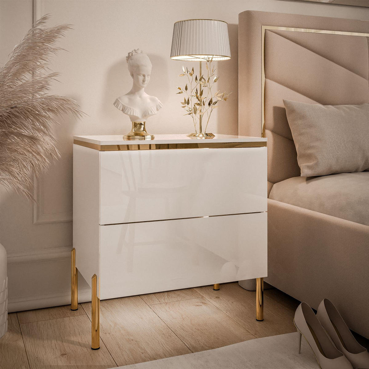 NACHTTISCH AURORA II auf gerade Gold Chrom Beine Weiß / Weiß hochglanz - Weiß Hochglanz/Goldfarben, Holzwerkstoff/Metall (50/54/37cm) - Lookway