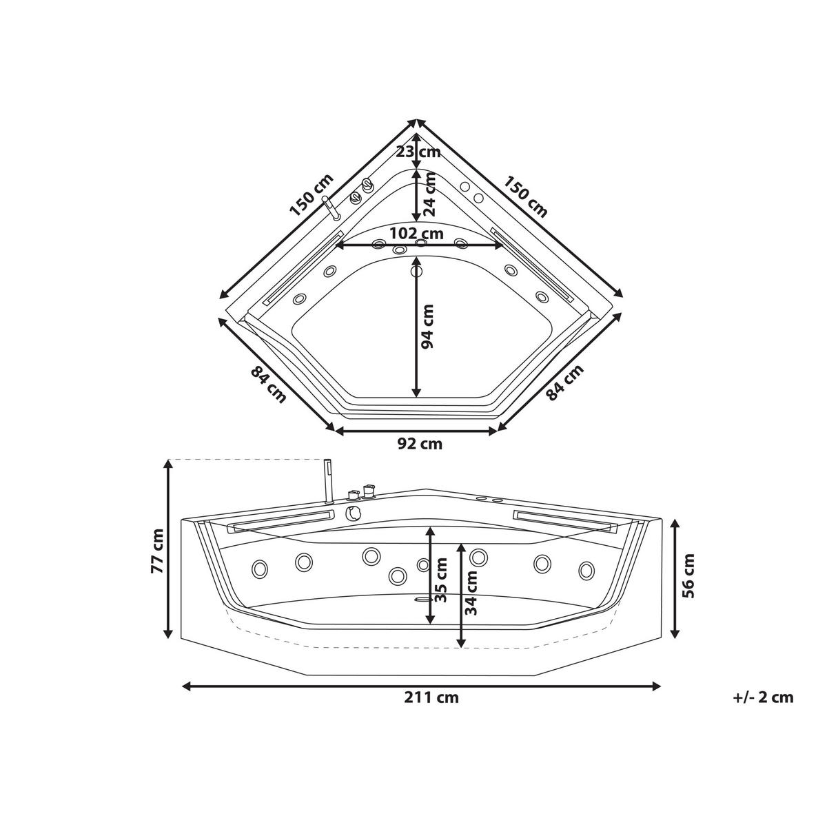 WHIRLPOOL-BADEWANNE mit LED 150x211x56 cm weiß Caceres - Weiß, Kunststoff (150/56/211cm) - Beliani